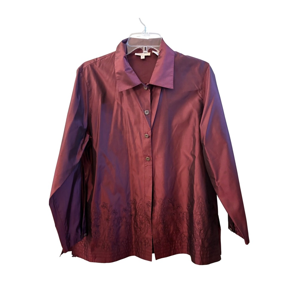 J. Jill Burgundy Silk Embroidered Hem Button Down Shirt Petite Small